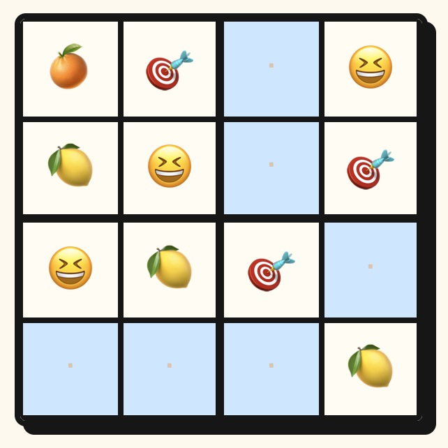 4개의 이모지로 구성된 4x4 퍼즐 보드가 보이는 Emojidoku 플레이 화면의 클로즈업