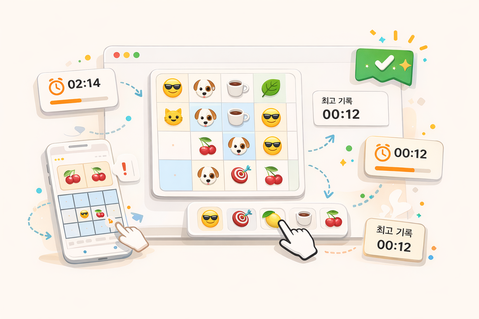 타이머와 모바일 입력, 기록 요소 같은 UX 디테일을 함께 보여주는 Emojidoku 제작기 보조 일러스트